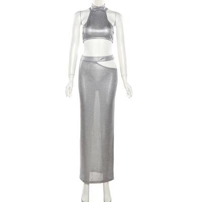 China Anti-wrinkle 2 piece set sleeveless crop turttle top neck and slim fitting floor length skirt for sale