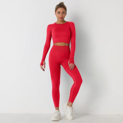 China Breathable Women's Workout Wear Yoga Suit 2 Piece Long Sleeve Set Seamless Women Yoga Tights Gym Sports Set To Customize Stock OEM Uniform for sale