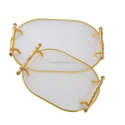 China Modern Decorative Acrylic Vanity Tray Bathroom Organizer For Bathroom Dresser Counter Perfu Trays With Gold Handle for sale