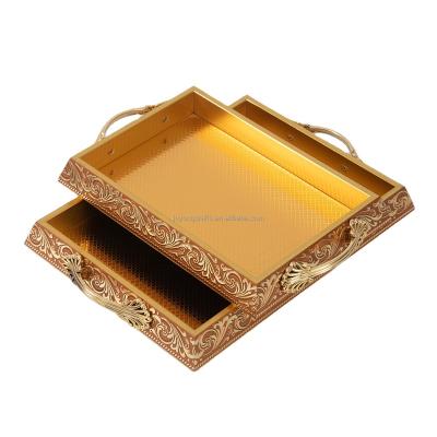 China Home Decor Lacquer Tray Wooden Rectangle Viable Marble Decorative Serving Trays Set For Vanity Dresser Magazine With Gold Handles for sale