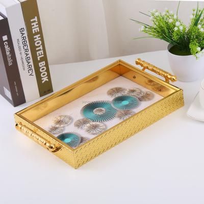 China Decorative Gold Serving Tray Metal Arabic Tray For Cosmetics Vanity Dresser Magazine Bedroom Serving Trays With Handles for sale