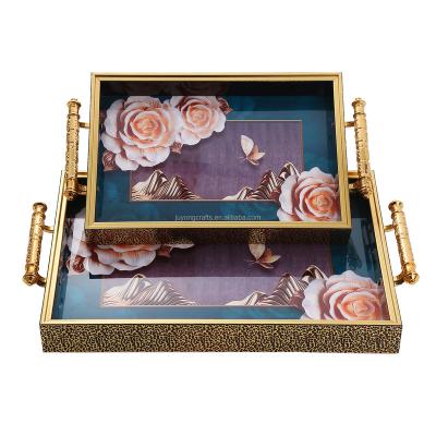 China Viable Decorative Luxurious Gold Trays Metal Serving Tray For Cosmetics Vanity Dresser Magazine Bedroom Home Decor for sale