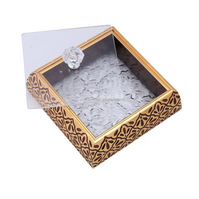 China Gold Square Resin Stocked Plastic Gift Box Small For Nut Chocolate Candy Snacks Birthday Party Decorative Box With Clear Lid for sale