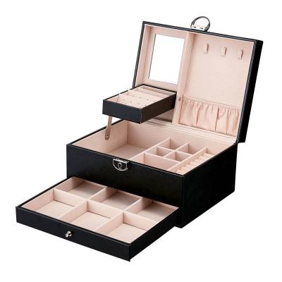 China Lock 3 Layers 2021 Ring Earring Necklace Holder Organizer Travel Jewelry Display Storage Case Portable Double Layer Jewelry Box PU Leather for sale