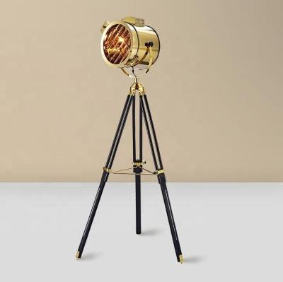 China Custom Acceptable Industrial Vintage Brass Color Tripod Natural Wood Stand Led Floor Light For Living Room for sale