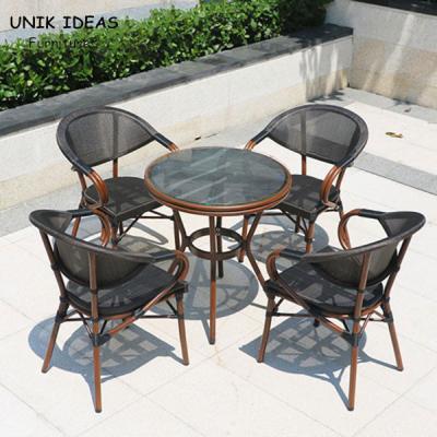 China Geweven Zwarte Stapelbare Openlucht het Dineren Stoelen Mesh Frame Aluminum Restaurant 83cm Te koop