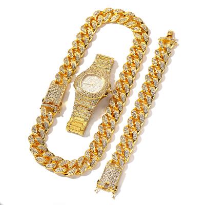 China Wholesale 18K Gold Fashion Jewelry CLASSIC Set With Rhinestone Mens Necklace Watch Bracelet Set for sale