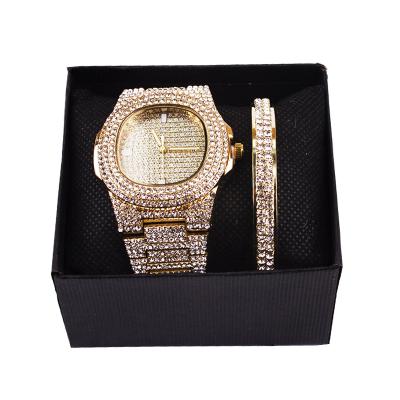 China Nonspecific Luxury Jewelry Gold Plated Cuban Chain Bracelet Watch Set Hip Hop Cubic Zircon CZ Miami Quartz Cuban Chain Watches for sale