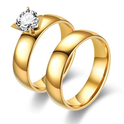 China Valentine Jewelry Stainless Steel Diamond CLASSIC Wedding Ring Set 18k Gold with Zircon Promise Love Couples Ring Set for sale