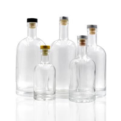 China Transparent Round Empty Beverage Vodka Tequila Bottle 200ml 375ml 500ml 750ml 1000ml Flint Glass Liquor Wine Whiskey With Cork Lid Sealed for sale