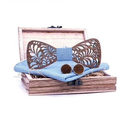 China Fashion Fashion Hollow Cut Black Walnut Bow Link Handkerchief Cufflink Gift Box Wooden Cut Set for sale