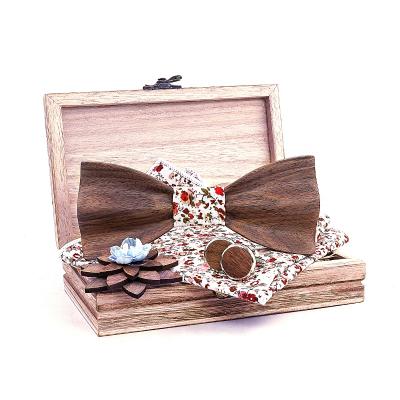 China 3d Fashion Luxury Men's Fashion Luxury Men's Brooch Cufflink Gift Box Set Wedding Party Bow Wooden Link Pocket Square for sale