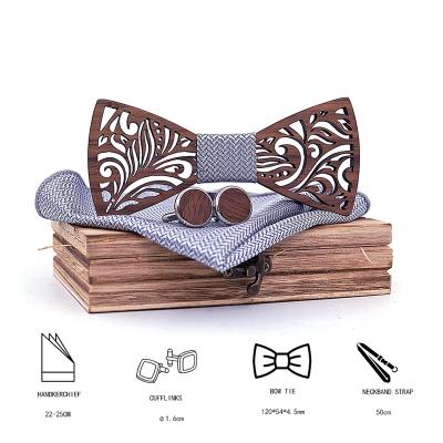 China Fashion Classic Men's Multi Color Hollow Out Black Walnut Wood Bow Tie Handkerchief Cufflink Gift Set With Box for sale