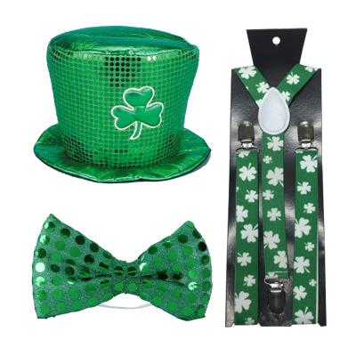 China Decoration Brand New Irish Polyester St. Patrick's Day Festival Green Clover Suspenders Sequin Bow Tie And Hat Set for sale