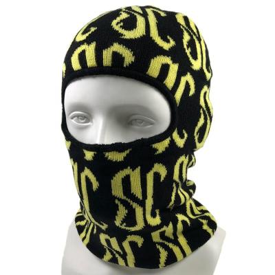 China JOINT Selling High Quality Top Warm Fashion OEM Winter 1 Hole Unisex Black Balaclava With All Over Print Gold Jacquard 1 Hole Ski Mask for sale