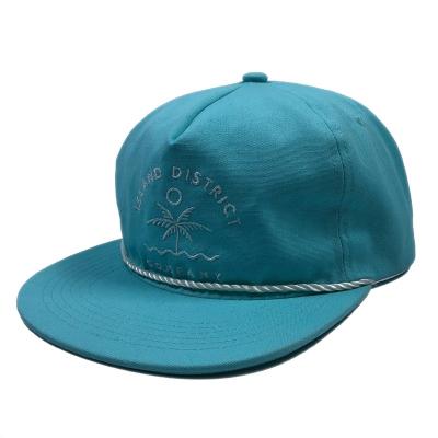 China OEM fashion unisex gorras 5 panel cotton unisex unstructured green brim flat hat with rope embroidery custom design unstructured snapback hat for sale