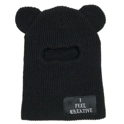 China OEM Unisex High Quality Acrylic Cute Black Warm Winter Balaclava Hole Woven Label Knitted Ski Mask Custom Made With Ears for sale