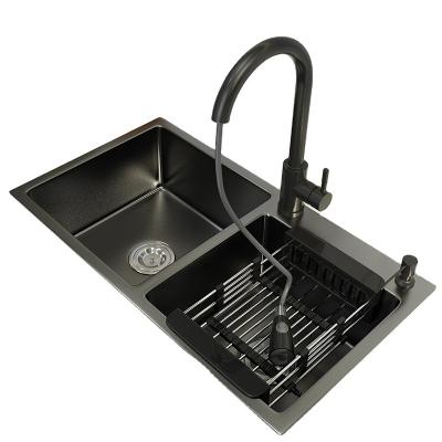 China With Faucet Black Kitchen Sink Double Nano Stainless Steel Household Sink Handmade Package for sale