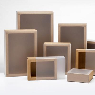 China Recyclable Kraft Paper Box With PVC Window Sliding Kraft Paper Drawer Gift Box Packaging Luxury Brown Box With Clear Window for sale