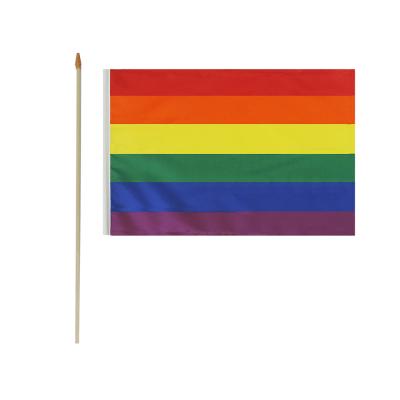 China Custom LOGO 6 Rainbow Colors Rainbow Stripes Hand Signal Flag Hand Flag Hanging Bamboo Wooden Pole Lgbt Flags for sale