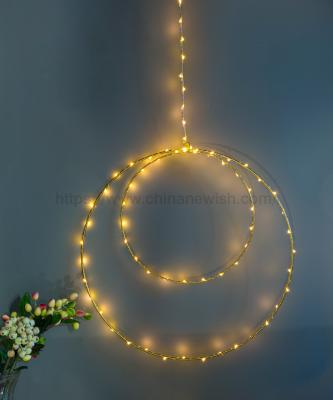 China Double round circle led lights metal curtain wreath with micro led copper wire string light for home decor for sale