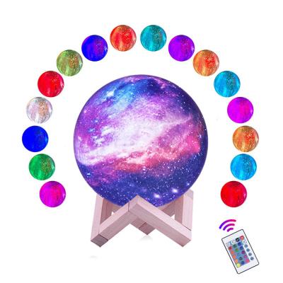 China USB Rechargeable Galaxy Lamp 5.9 Inch 16 Colors Led 3D Star Moon Night Lights With Wood Stand For Children Girls Boys  Baby Kids for sale