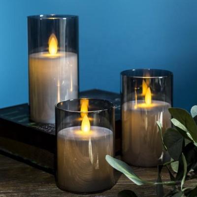 China 3D LED candles in glass Real Flame Grey amber Home Decoration led flickering candle light decor With Moving Flame for sale