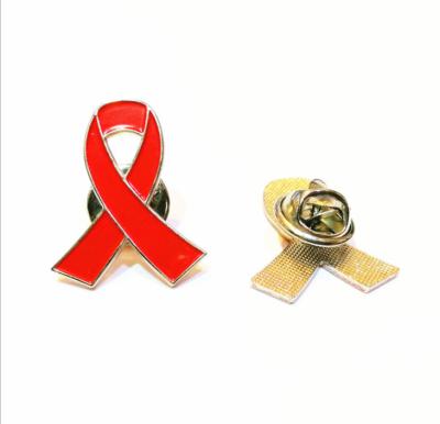 China Metal Factory Mold AIDS Breast Cancer Ribbon Enamel Metal Brooches Existing Red Lapel Pin Badge for sale