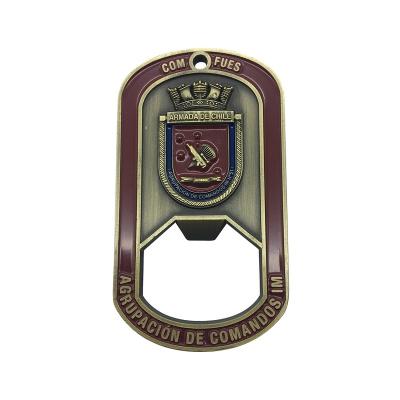 China Metal Custom Design Enamel Armada De Chile 3D Challenge Coin Antique Brass Plating Soft Metal Bottle Opener for sale