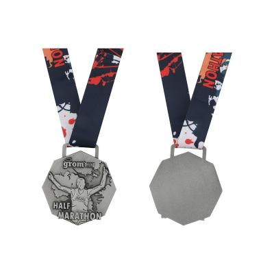 China Custom Made Antique Metal Medal Producer Europe Metal 3D Die Casting Marathon Sports Award Medals With Hot Transfer Ribbon for sale