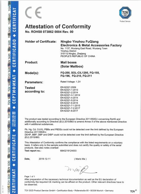 RoHS - Ningbo Yinzhou Fuqiang Electrical Appliances And Metal Products Factory