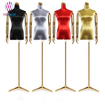 China Outdoor Luxury Chromed Display Cloth Mannequin Wrapped Bust Dress Form Female Mannequin With Chrome Gold Silver Adjustable Arms for sale