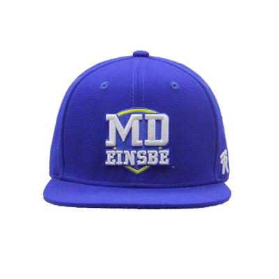 China Promotional Hat Custom Blue Flat Brim Snapback Plastic Closure 6 Panels Wool Cap with 3D Embroidery blue for sale