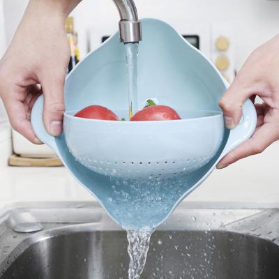 China Sustainable Kitchen Double Layer Drainer Storage Cleaning Basket Rotating Plastic Vegetable Washing Bowl for sale