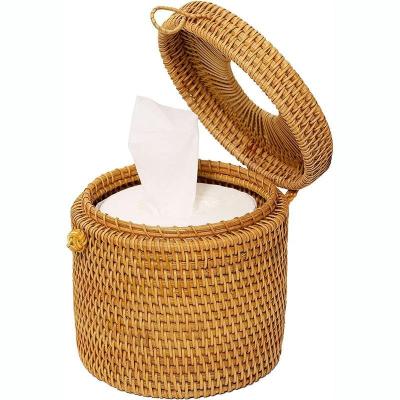 China Modern Round Rattan Storage Baskets Tissue Box Vine Roll Holder Toilet Paper Dispenser With Lid for sale