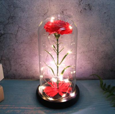 China Fashional Artificial Flower Festival Gifts Eternal Flower Red Carnation Preserved Flower Light in Glass Dome for sale