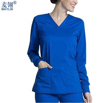 China Woven Fabric Medical Solid Color V-Neck Hospital Uniforms Scrubs Long Sleeve Nurses Scrubs Top Uniform For Women for sale