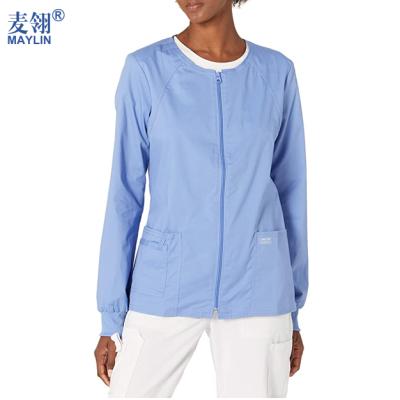 China Woven Fabric Best Selling Soft Medical Hospital Uniforms Stylish Scrubs O-Neck Sky Scrubs Jacket With Zipper for sale