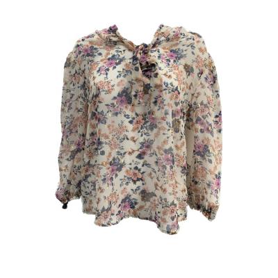 China 2021 Breathable Floral Tops Ladies And Womens Blouses Tops Plus Size Fashion Tops With Tie At Neck for sale