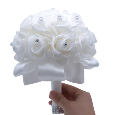 China White Roses Wedding Brides Holding Flowers Ribbon in Different Colors Bridal Bouquet Decorative Flowers & Garlands F309 for sale