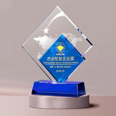 China Europe Crystal Trophy Medal Custom Transparent Creative Crystal Square Medal Blue Crystal Lettering The Trophy for sale