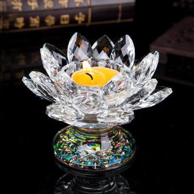 China Home Decor Crystal Ball 7 Colors Buddhist Glass Crystal Lotus Flower Candle Holder Tea Light Candlestick for sale