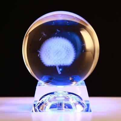 China Europe size Crystal Glass Inside Carved Custom led dandelion cartoon glass glow ball with base for sale