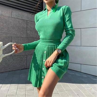 China Top Pleated Casual Knitting Skirt Fashion Women Wear Solid Color Breathable Long Sleeve Polo Shirt Two Piece Set for sale