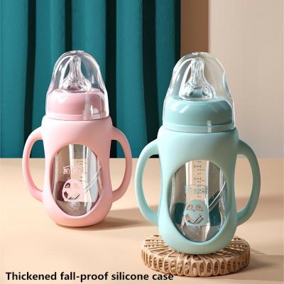 China BPA Free Rose Green Glass Double Handle Baby Bottle , Wide Neck Glass Fedding Bottle for sale