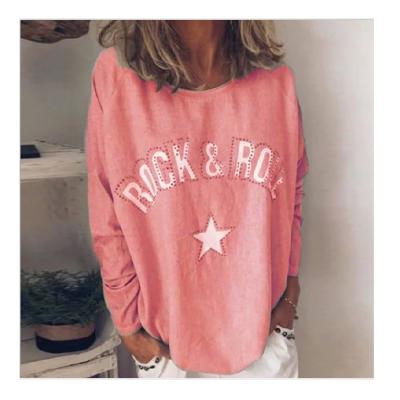 China Sustainable Hot Sale Factory Customized Fashion Diamonds, Printed Round Neck Cotton Blended Women's Long Sleeves for sale