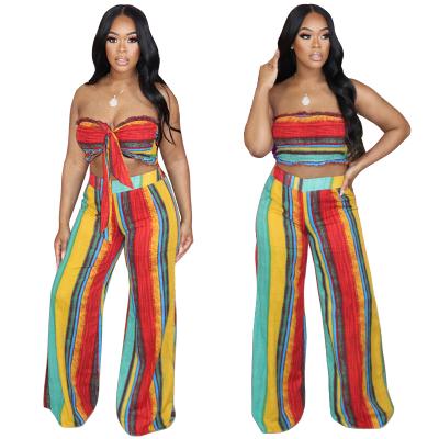 China 2021 Breathable Print Striped Tube Top Wide Leg Pant Suit Women Beach Style Two Piece Suit for sale