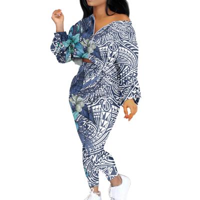 China Plus Size Autumn Hawaiian Polynesian Flower Pattern 3D Print Plus Size 2 Piece Outfits Sets Womens Zipper Long Sleeves And Long Pants for sale