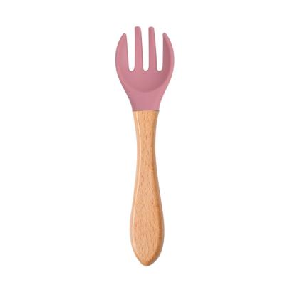 China BPA Free Factory Direct Wholesale Hotsale New Design Customized Wooden Long Handle Silicone Baby Fork for sale