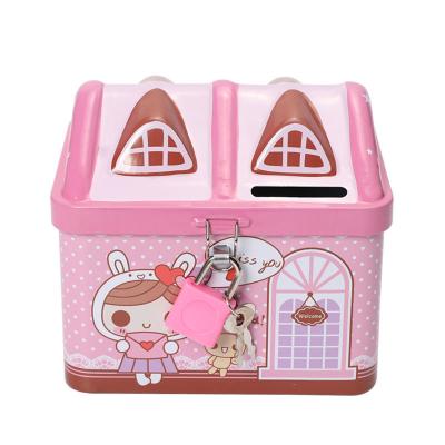 China Customized Recyclable Metal Coin Bank With Lock / House Shape Telephone Booth For Kid / Tin Box Piggy Bank for sale